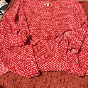 Michael Kors Red Floral Print Long-Sleeve Blouse